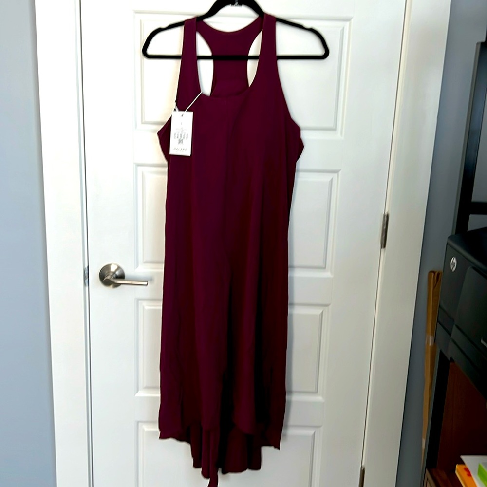 Cranberry colored HALARA mini dress with built-in bra